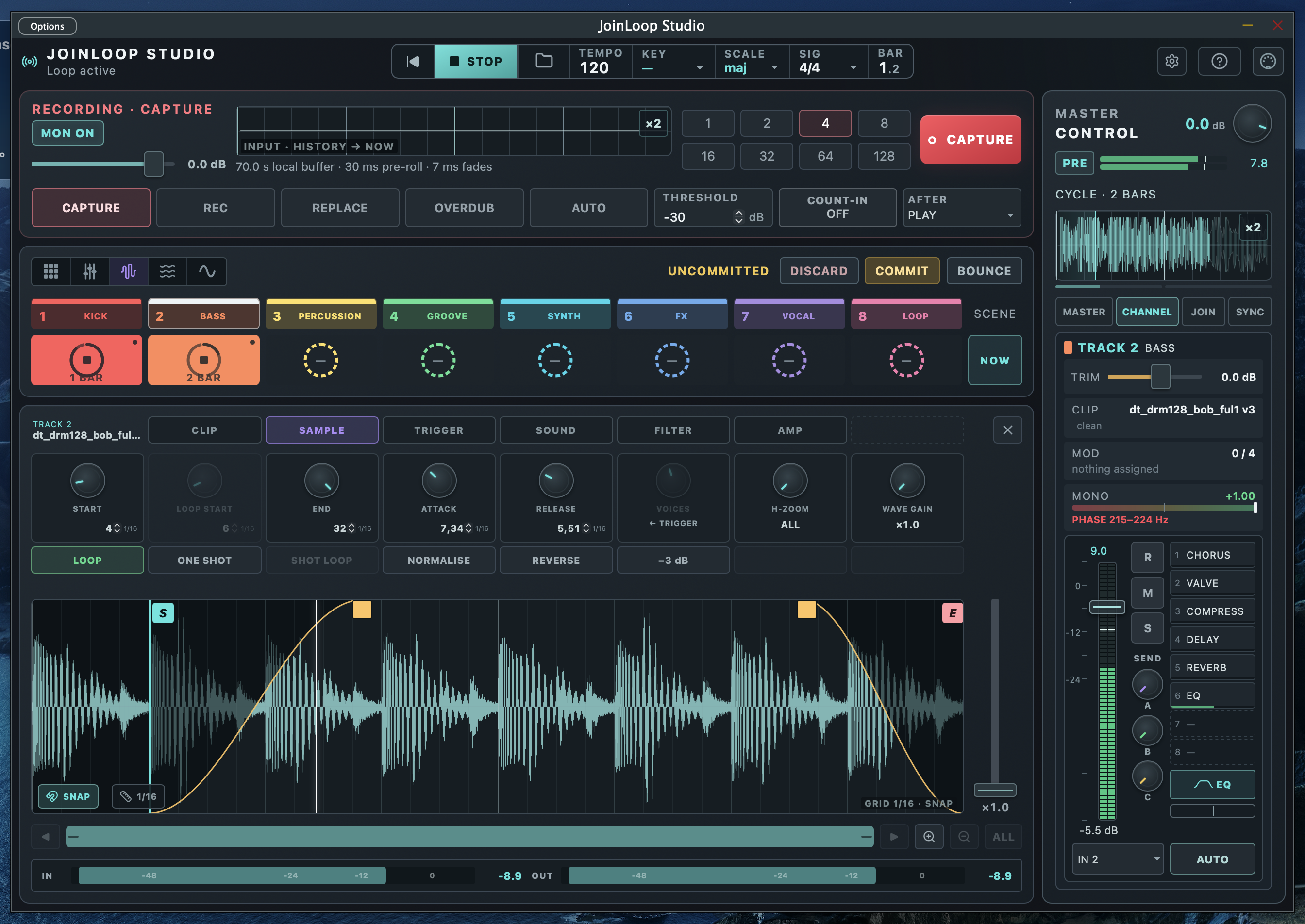 JoinLoop Studio mit zwei laufenden Clips, Wellenform, Markern und Blenden