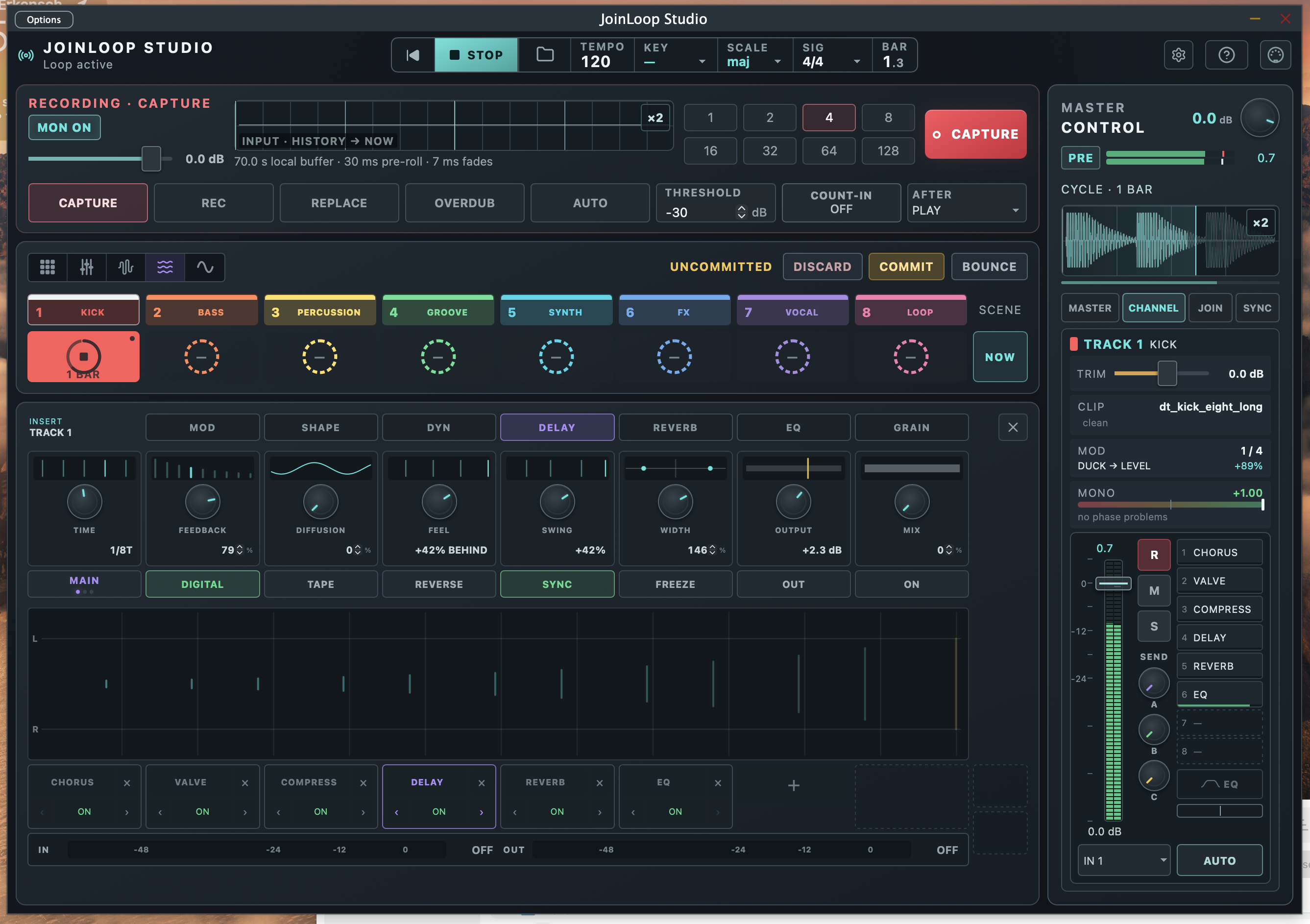Delay mit Digital, Tape, Reverse, Sync und grafischer Tap-Anzeige