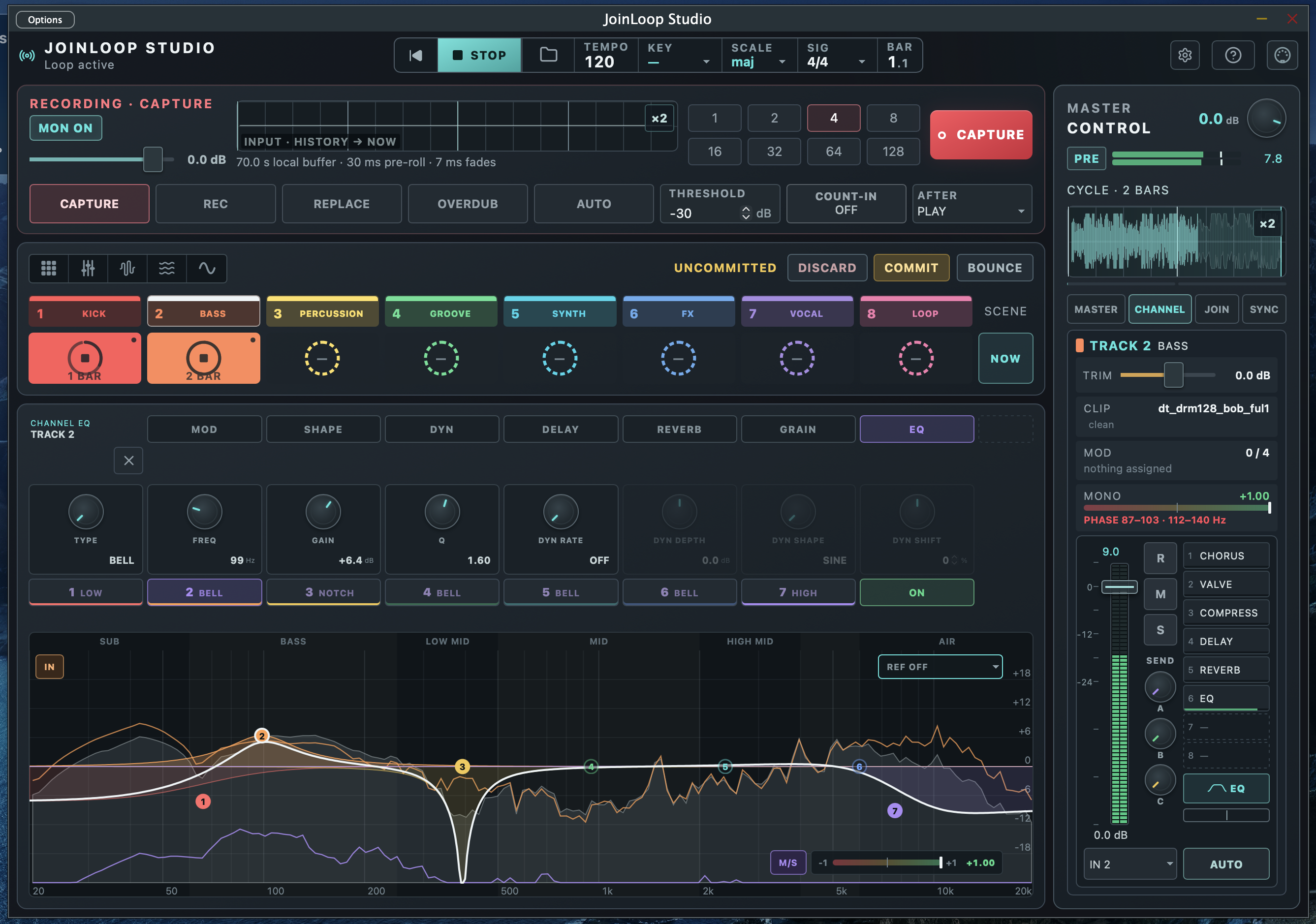 Siebenband-EQ mit Frequenzkurve, Spektrum und Mid/Side-Analyse