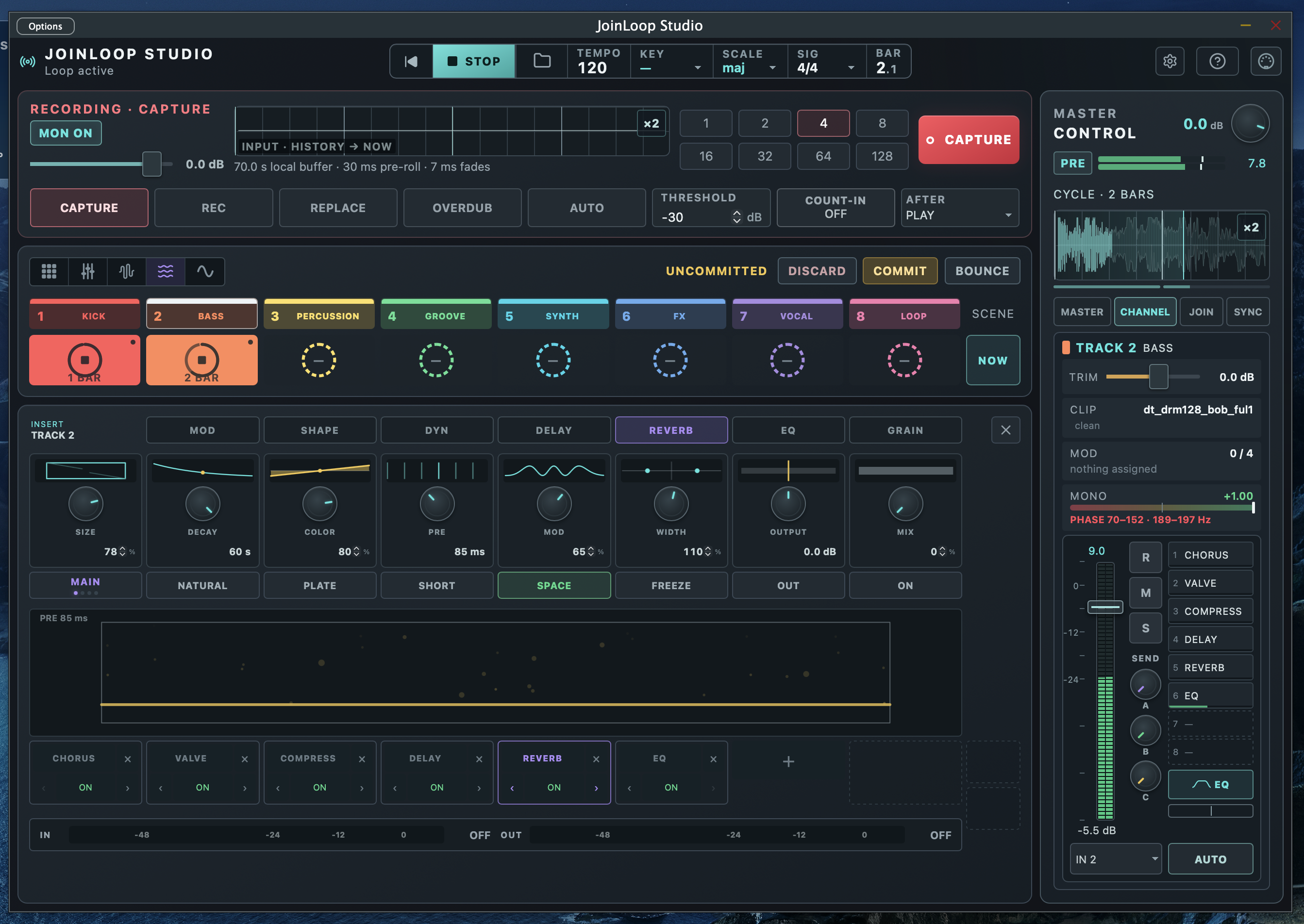 Reverb mit Natural, Plate, Short und Space