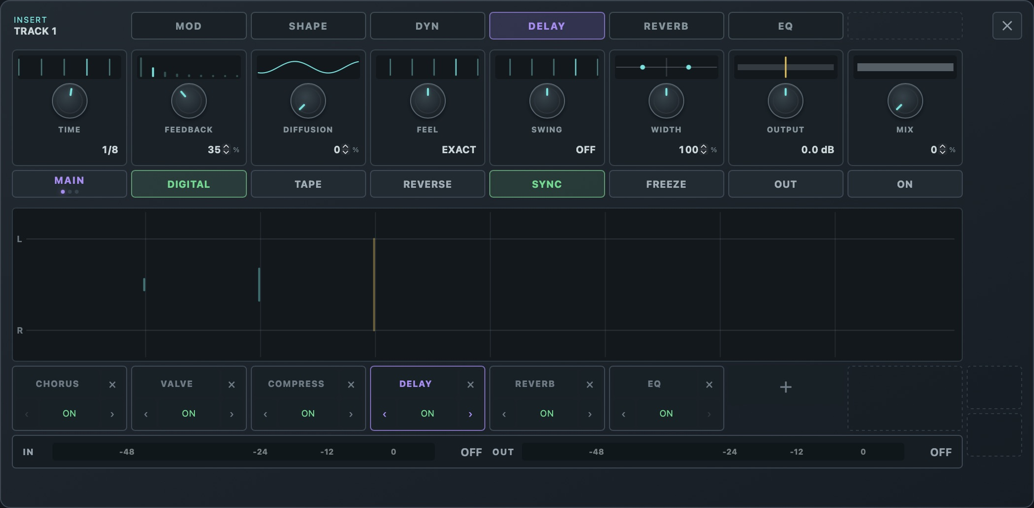 Delay mit Digital, Tape, Reverse, Sync und grafischer Tap-Anzeige