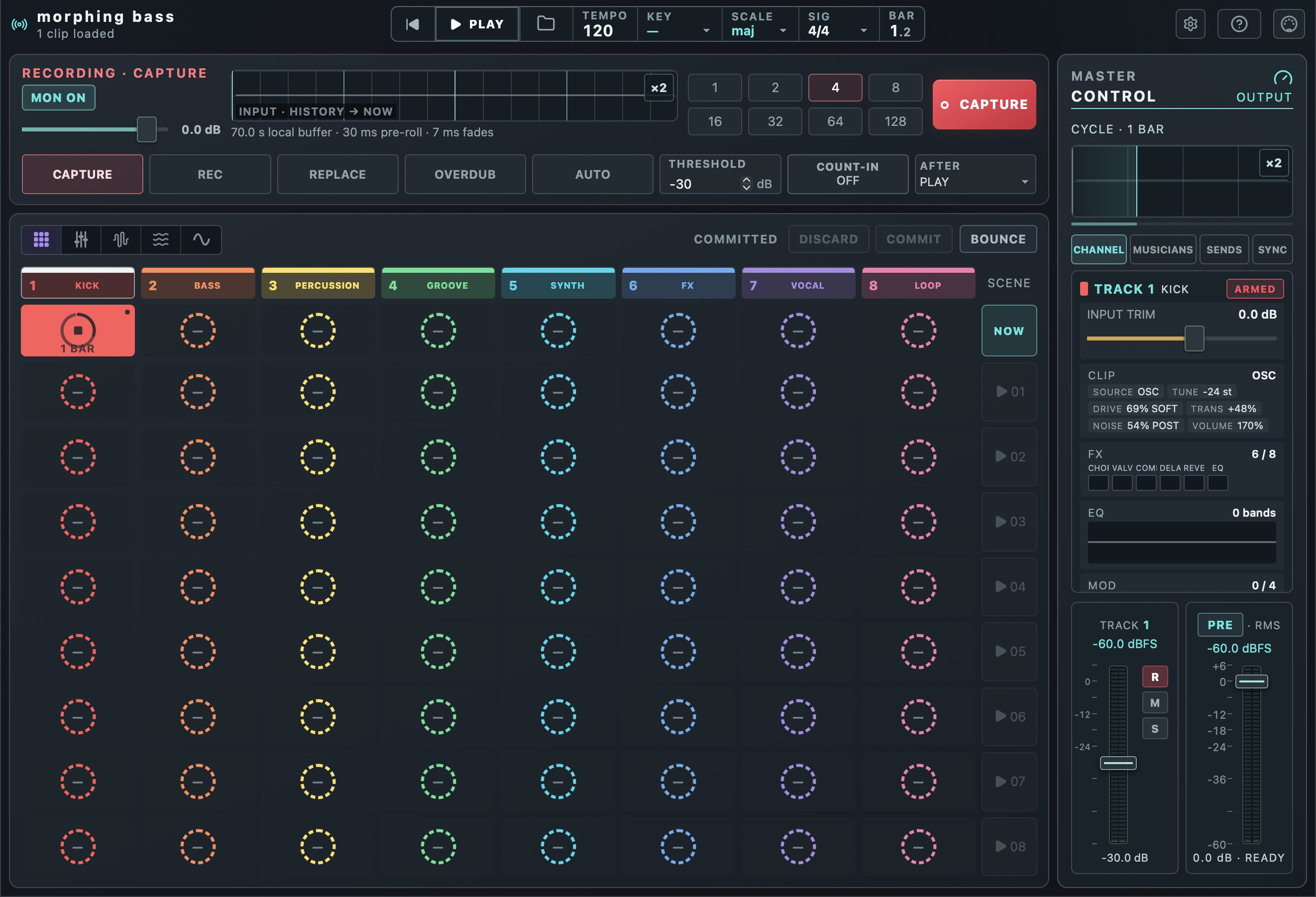 JoinLoop Studio mit Capture, acht Spuren, NOW-Zeile und Szenenmatrix